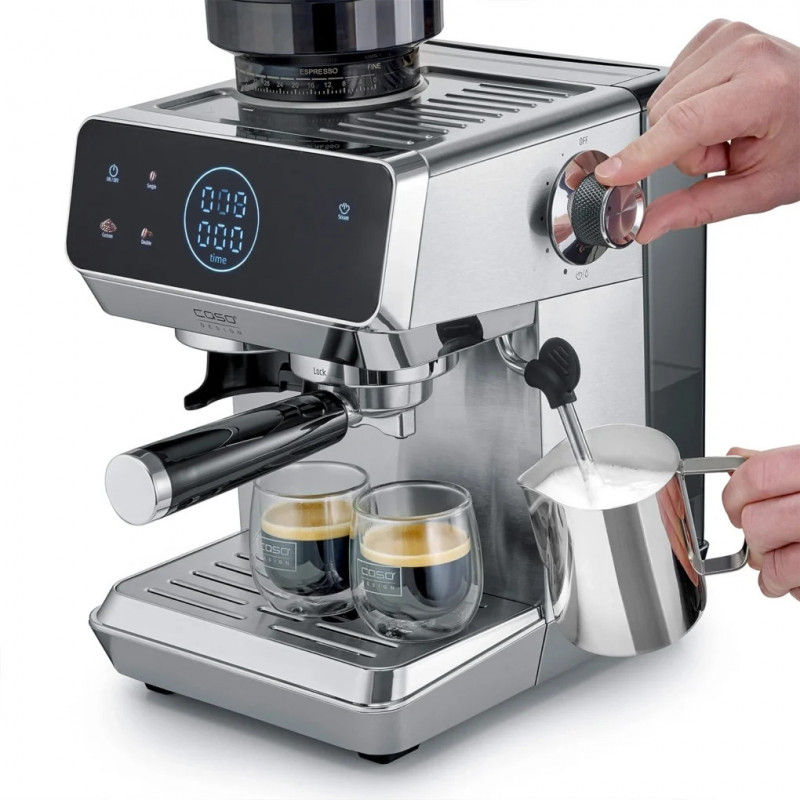 Mașină de espresso Caso EspressoGourmet&Grind, 1500 W, 20 bari, 1,8 l, Ulka, preinfuzie, Cold Brew, comandă tactilă, râșniță, portafiltru, oțel inoxidabil