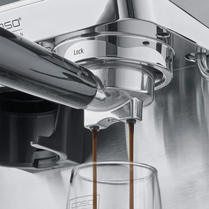 Mașină de espresso Caso EspressoGourmet&Grind, 1500 W, 20 bari, 1,8 l, Ulka, preinfuzie, Cold Brew, comandă tactilă, râșniță, portafiltru, oțel inoxidabil