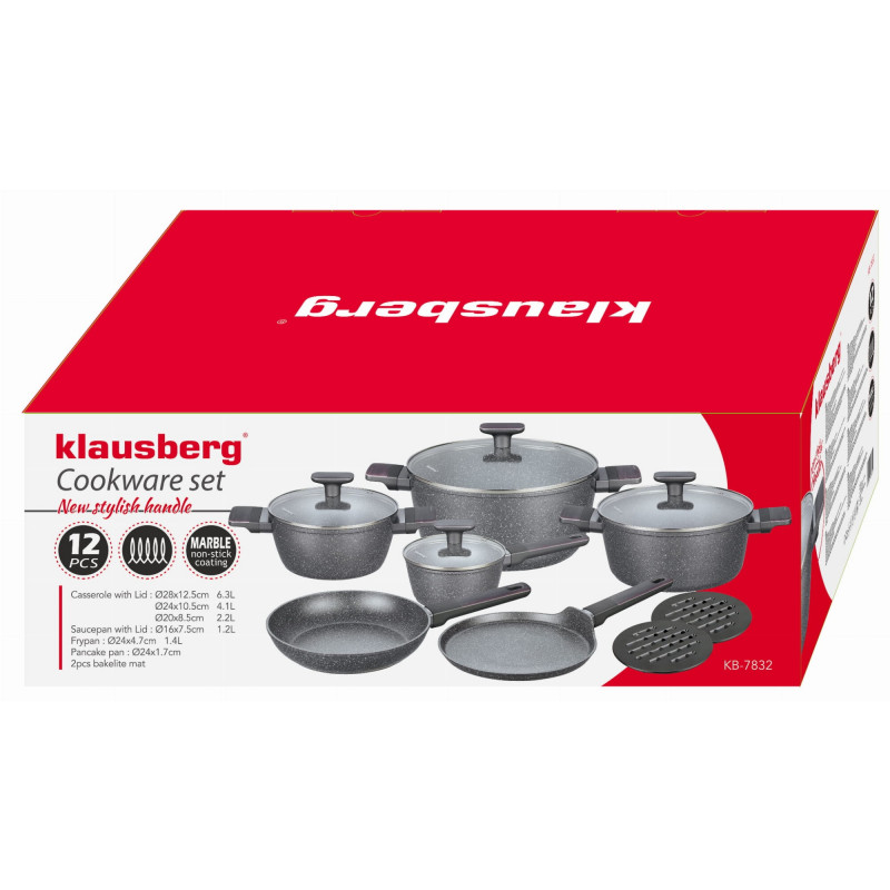 Se oale si tigai Klausberg KB 7832, 12 piese, Acoperire marmura, Inductie, Gri
