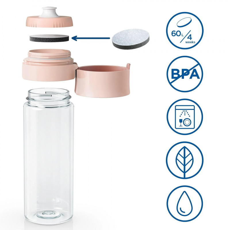 Sticlă filtrantă pentru apă Brita Fill & Go Vital, 600 ml, filtre MicroDisc, fără BPA, roz
