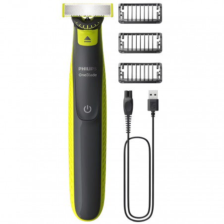 Aparat de tuns Philips OneBlade QP2724/23, lamă rotativă la 360 de grade, tehnologie OneBlade, autonomie de 45 de minute, negru/galben
