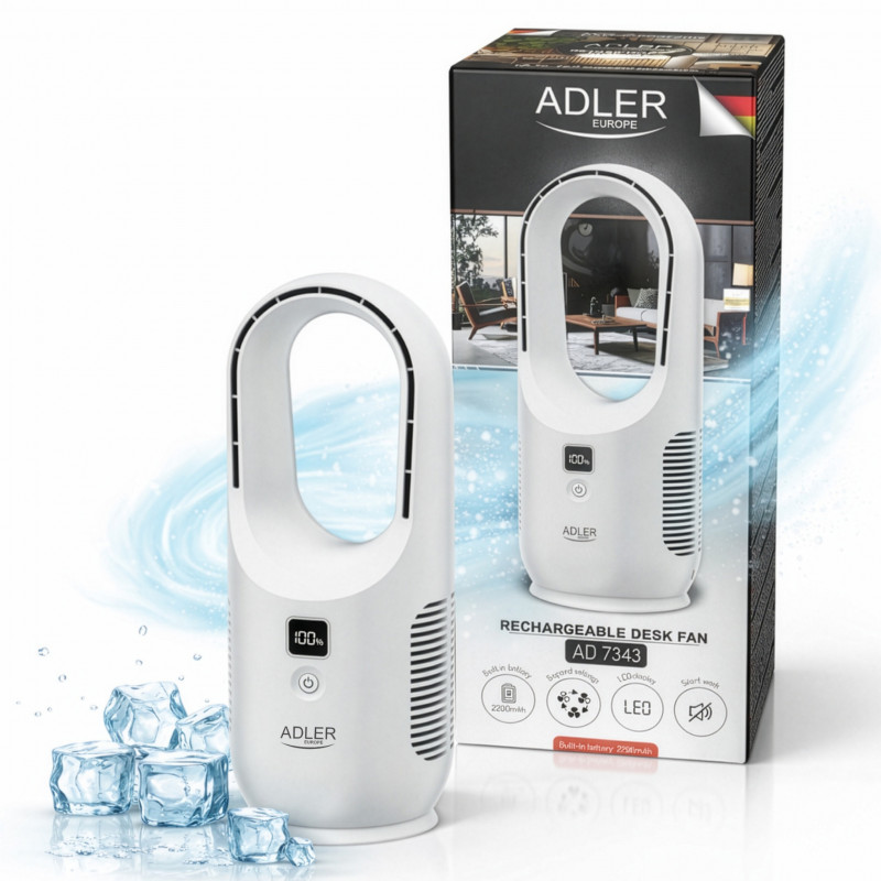 Ventilator de birou Adler AD 7343, Pana la 6 ore, 3 viteze, Afisaj LED, USB-C, Alb