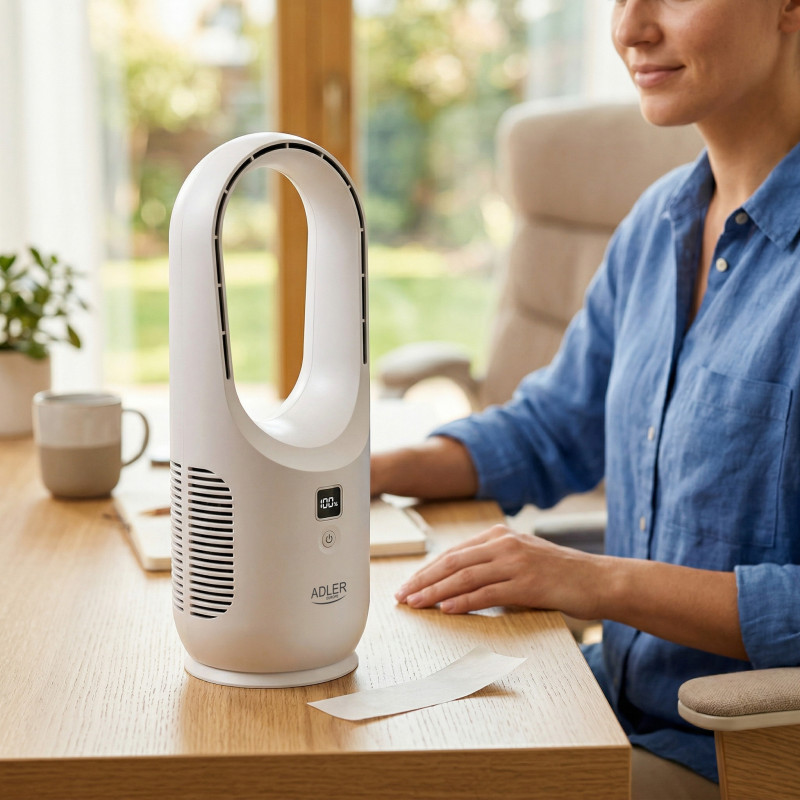 Ventilator de birou Adler AD 7343, Pana la 6 ore, 3 viteze, Afisaj LED, USB-C, Alb