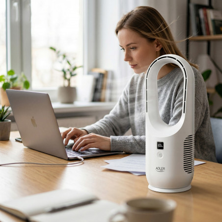 Ventilator de birou Adler AD 7343, Pana la 6 ore, 3 viteze, Afisaj LED, USB-C, Alb