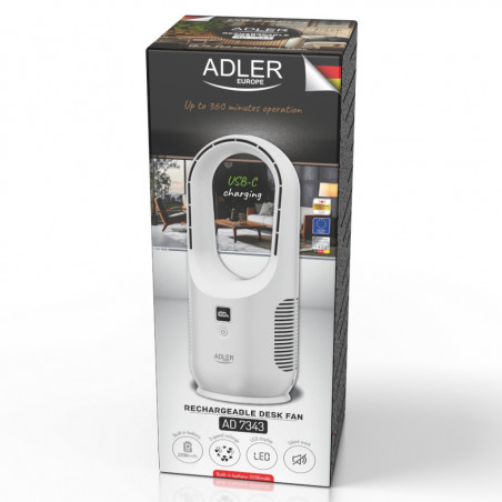 Ventilator de birou Adler AD 7343, Pana la 6 ore, 3 viteze, Afisaj LED, USB-C, Alb