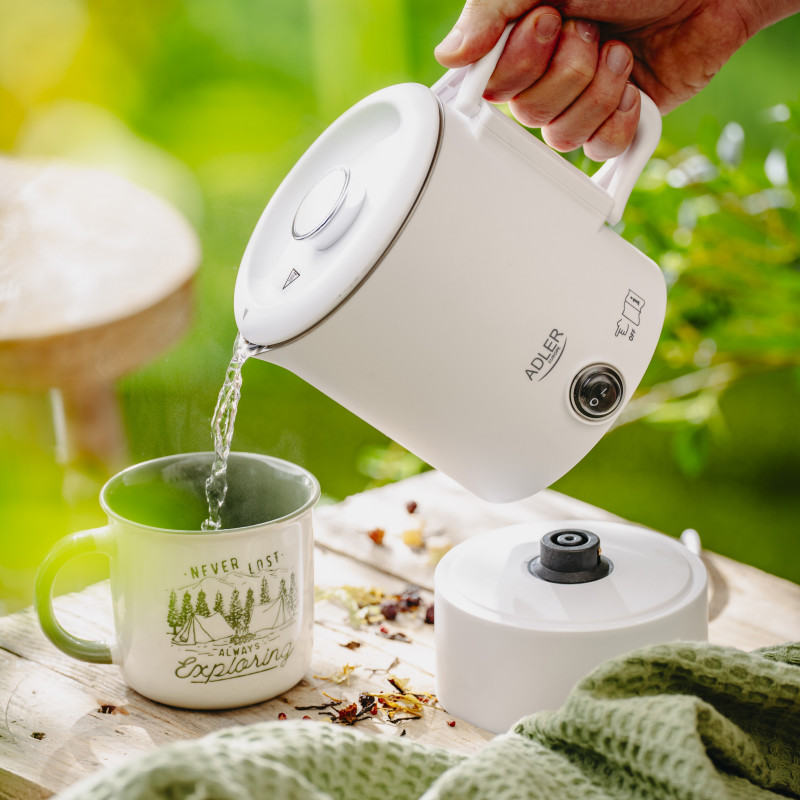 Cana electrica pentru drumetii Adler AD 1388w, 650 W, 0,8 l, Capac detasabil, Apa, Ceai, Cafea, Alb