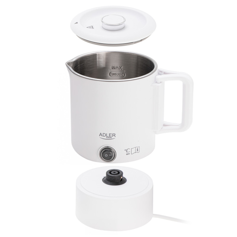 Cana electrica pentru drumetii Adler AD 1388w, 650 W, 0,8 l, Capac detasabil, Apa, Ceai, Cafea, Alb