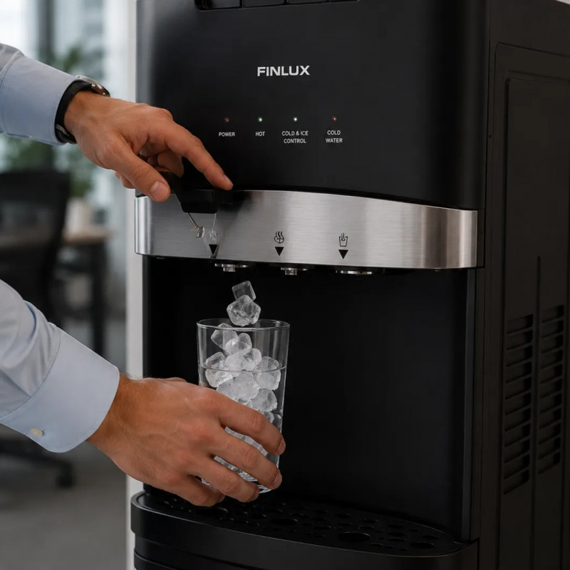 Dispenser de apă cu generator de gheață Finlux FWD-2602IM, 520 W, 12–95 °C, răcire 4 l/h, încălzire 5 l/h, cu compresor, negru/argintiu
