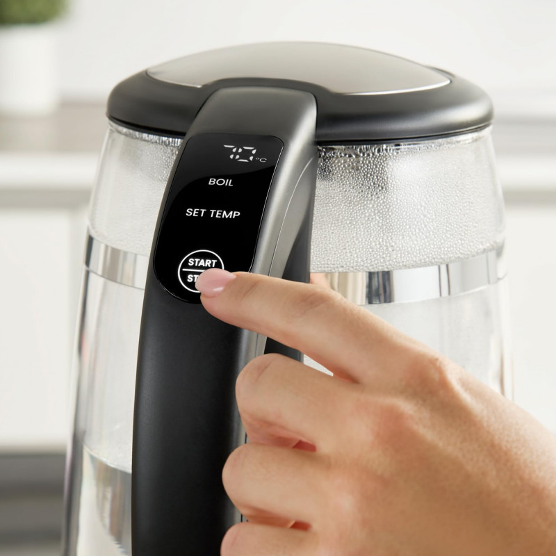 Fierbător electric Cuisinart GK19E Double Glass, 3000 W, 1,7 l, 50-100 °C, bază rotativă la 360°, comenzi tactile, filtru, indicator, inox/negru