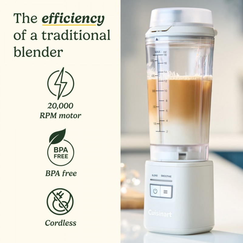 Blender portabil Cuisinart Blast & Go PBL100E, 120 W, 500 ml, 20.000 rpm, 2 moduri, fără BPA, încărcare USB-C, alb