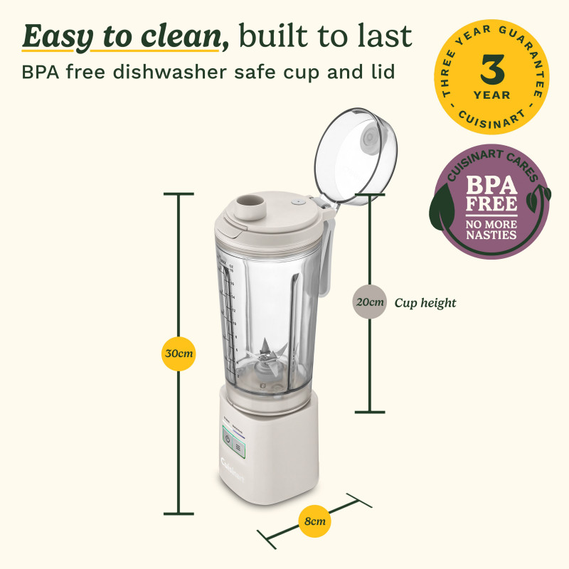 Blender portabil Cuisinart Blast & Go PBL100E, 120 W, 500 ml, 20.000 rpm, 2 moduri, fără BPA, încărcare USB-C, alb
