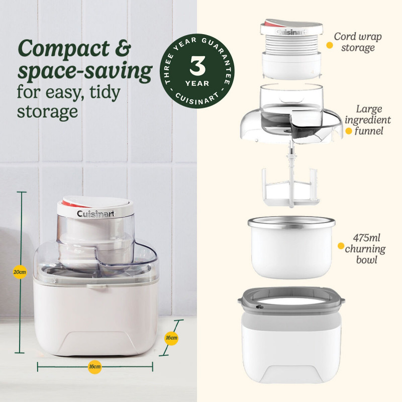 Mașină de înghețată Cuisinart Solo Scoops ICEM10E, 25 W, 475 ml, până la 8 bile de înghețată, alb