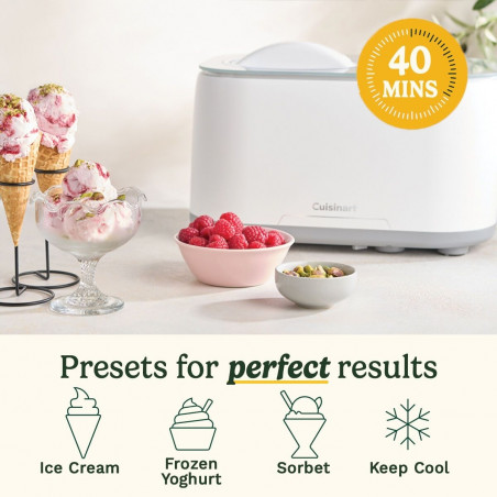 Mașină de înghețată Cuisinart Freeze Ease ICE90E, 100 W, 0,95 l, 3 programe, compresor, alb/gri