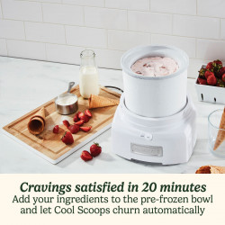 Mașină de înghețată Cuisinart Cool Scoops ICE21E, 35 W, 1,4 l, până la 20 de porții de înghețată, capac transparent cu închidere ușoară, alb