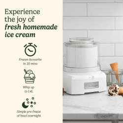 Mașină de înghețată Cuisinart Cool Scoops ICE21E, 35 W, 1,4 l, până la 20 de porții de înghețată, capac transparent cu închidere ușoară, alb