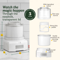 Mașină de înghețată Cuisinart Cool Scoops ICE21E, 35 W, 1,4 l, până la 20 de porții de înghețată, capac transparent cu închidere ușoară, alb