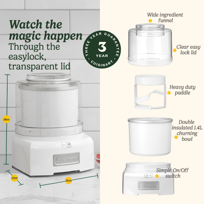 Mașină de înghețată Cuisinart Cool Scoops ICE21E, 35 W, 1,4 l, până la 20 de porții de înghețată, capac transparent cu închidere ușoară, alb