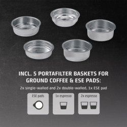 Espressor manual Caso Gourmet Latte, 1350 W, 20 bari, 1,3 l, ULKA, 6 programe, Cafea macinata si paduri ESE, Portafiltru, Spumare lapte cu rezervor incorporat, Otel inoxidabil