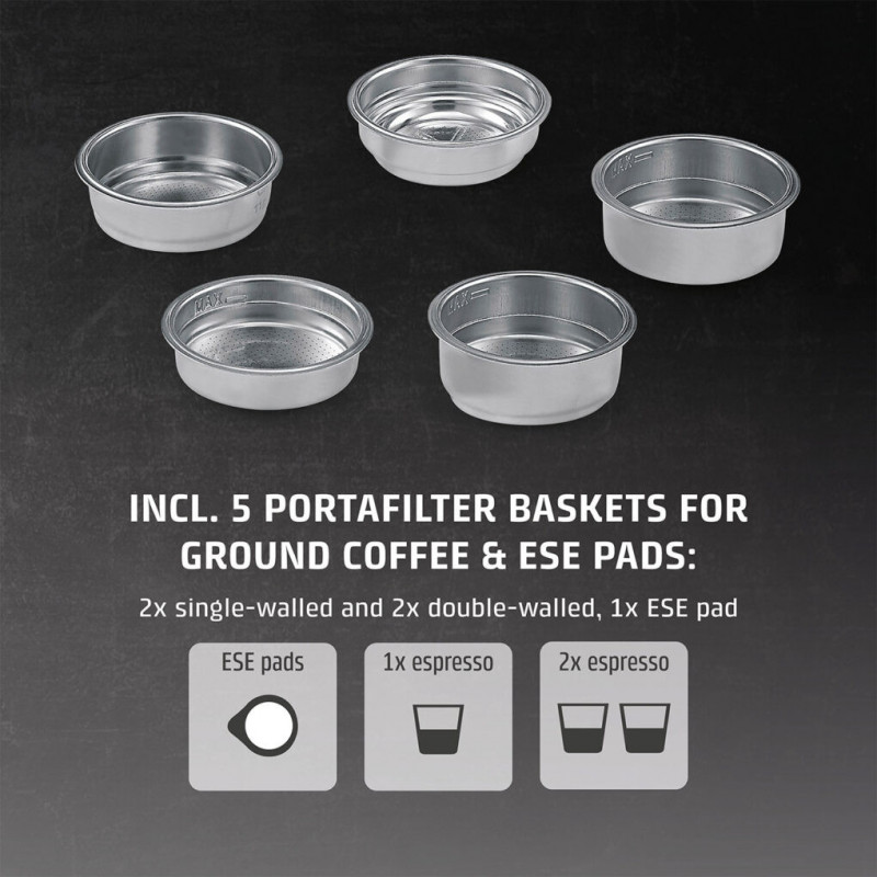 Espressor manual Caso Gourmet Latte, 1350 W, 20 bari, 1,3 l, ULKA, 6 programe, Cafea macinata si paduri ESE, Portafiltru, Spumare lapte cu rezervor incorporat, Otel inoxidabil