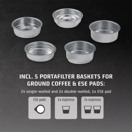 Espressor manual Caso Gourmet Latte, 1350 W, 20 bari, 1,3 l, ULKA, 6 programe, Cafea macinata si paduri ESE, Portafiltru, Spumare lapte cu rezervor incorporat, Otel inoxidabil
