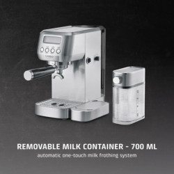 Espressor manual Caso Gourmet Latte, 1350 W, 20 bari, 1,3 l, ULKA, 6 programe, Cafea macinata si paduri ESE, Portafiltru, Spumare lapte cu rezervor incorporat, Otel inoxidabil