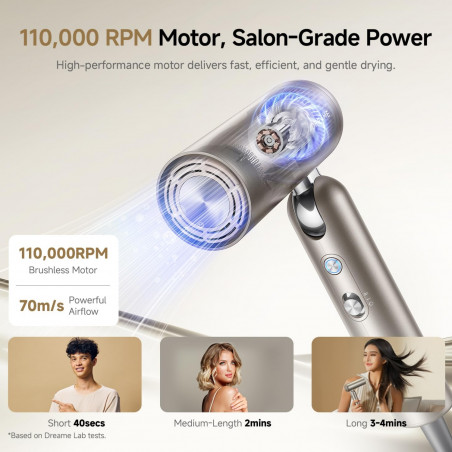 Uscator de par Dreame Pocket AHD51-TG Pro, 1300 W, 110 000 rpm, 70 m/s, 2 viteze, 5 trepte de caldura, NTC, Coanda, Pliabil, Auriu-Titan