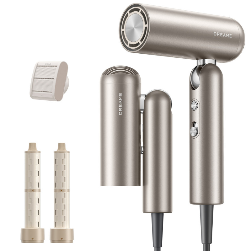 Uscator de par Dreame Pocket AHD51-TG Pro, 1300 W, 110 000 rpm, 70 m/s, 2 viteze, 5 trepte de caldura, NTC, Coanda, Pliabil, Auriu-Titan