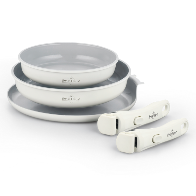 Set de tigai Swiss Haus SH-GCFP5LC, 5 piese, Acoperire ceramica Sapphire, Manere detasabile, Inductie, Crem