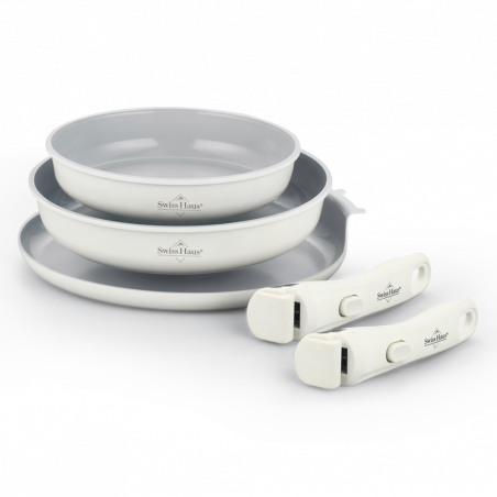 Set de tigai Swiss Haus SH-GCFP5LC, 5 piese, Acoperire ceramica Sapphire, Manere detasabile, Inductie, Crem