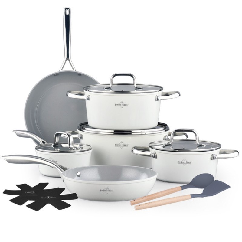 Set de oale si tigai Swiss Haus SH-CC4014CR, 14 piese, Acoperire ceramica Sapphire, Inductie, Cuptor pana la 220°C, Fara PFAS, Crem