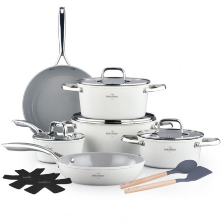 Set de oale si tigai Swiss Haus SH-CC4014CR, 14 piese, Acoperire ceramica Sapphire, Inductie, Cuptor pana la 220°C, Fara PFAS, Crem