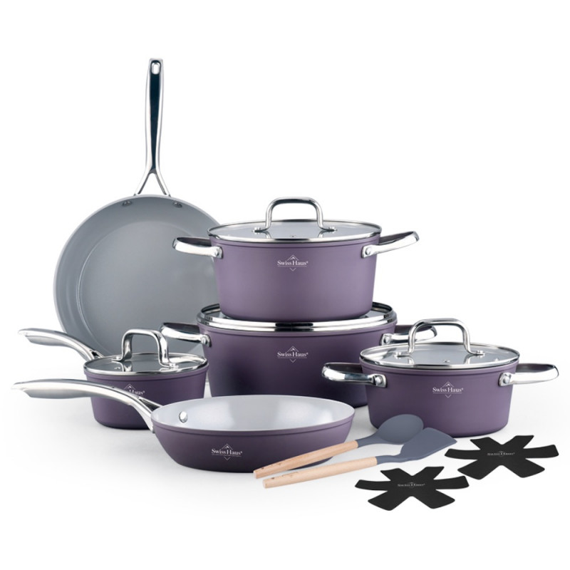 Set de oale si tigai Swiss Haus SH-CC4014T, 14 piese, Ceramica Sapphire, Inductie, Cuptor pana la 220°C, Fara PFAS, Violet