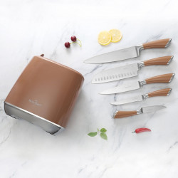 Set de cutite Swiss Haus SH-KSL6CO, 6 piese, Otel inoxidabil, Manere metalice, Suport, Cupru