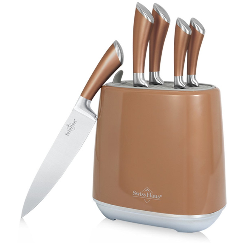 Set de cutite Swiss Haus SH-KSL6CO, 6 piese, Otel inoxidabil, Manere metalice, Suport, Cupru
