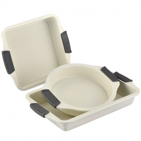 Set de 3 tavi de copt Swiss Haus SH-3BSCR, Otel, Acoperire ceramica Sapphire, Manere din silicon, Fara PFAS, Utilizare in cuptor pana la 230°C, Crem