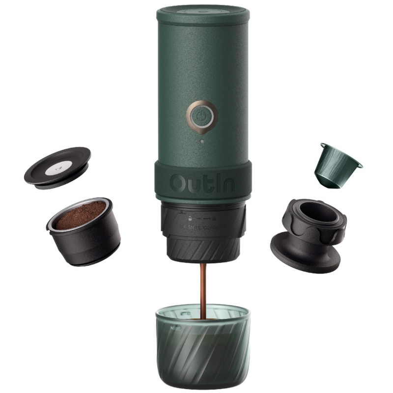 Espressor portabil Outin Mino CG, 22 bari, 9000 mAh, 70 ml, Extractie la 93,3°C, Cafea macinata si capsule Nespresso, USB-C, Verde montan