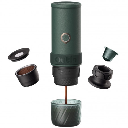 Espressor portabil Outin Mino CG, 22 bari, 9000 mAh, 70 ml, Extractie la 93,3°C, Cafea macinata si capsule Nespresso, USB-C, Verde montan
