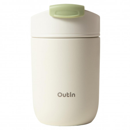 Ceasca termica Outin Travel Tumbler, 350 ml, Mentine cald 6 ore, Rece 12 ore, Otel inoxidabil 316L, Pereti dubli, Izolatie sub vid, Alb nisipos