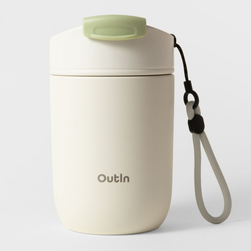 Ceasca termica Outin Travel Tumbler, 350 ml, Mentine cald 6 ore, Rece 12 ore, Otel inoxidabil 316L, Pereti dubli, Izolatie sub vid, Alb nisipos