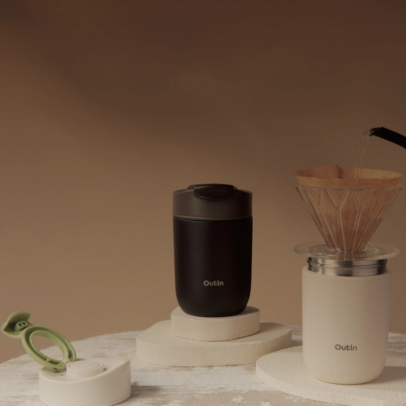 Ceasca termica Outin Travel Tumbler, 350 ml, Mentine cald 6 ore, Rece 12 ore, Otel inoxidabil 316L, Pereti dubli, Izolatie sub vid, Maro teracota