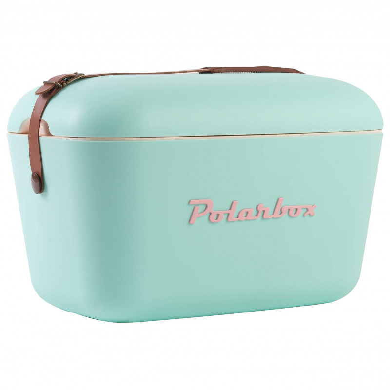Geanta frigorifica Polarbox Classic, 20 litri, Polistiren AIRPOP, 5-15°C pana la 24 h, Curea clasică din piele, Albastru/Roz