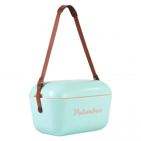 Geanta frigorifica Polarbox Classic, 20 litri, Polistiren AIRPOP, 5-15°C pana la 24 h, Curea clasică din piele, Albastru/Roz