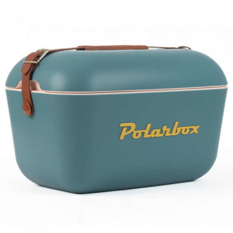 Geanta frigorifica Polarbox Classic, 20 litri, Polistiren AIRPOP, 5-15°C pana la 24 h, Curea clasică din piele, Albastru inchis/Roz