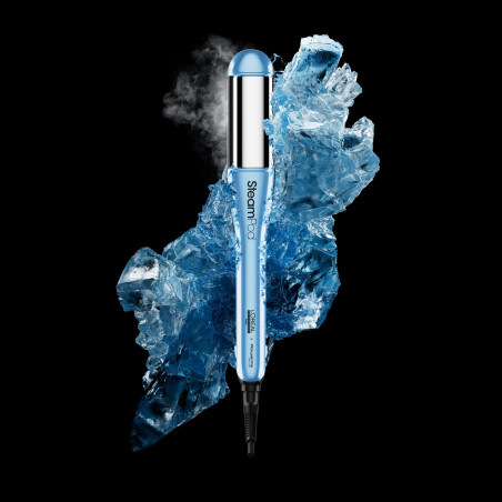 Placa de indreptat parul LOreal Professionnel SteamPod 4.0 Glacial Utopia, 165 W, 0,8 l/min, Rezervor de apa incorporat, Cablu rotativ, Pana la 210°C, Albastru/Alb