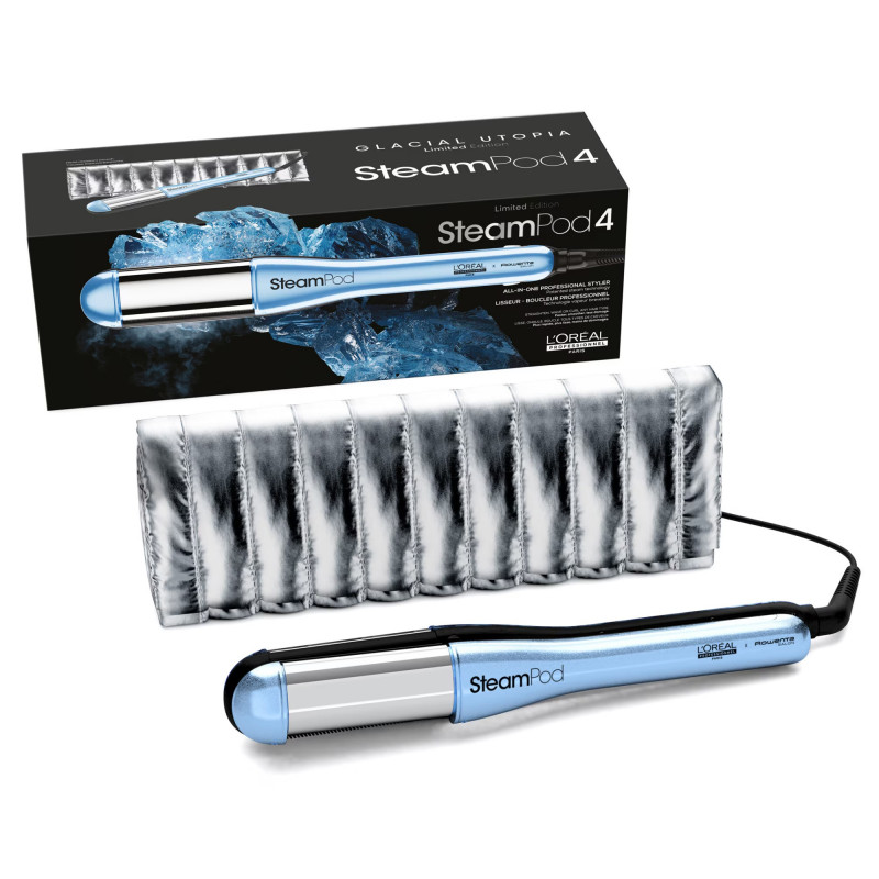 Placa de indreptat parul LOreal Professionnel SteamPod 4.0 Glacial Utopia, 165 W, 0,8 l/min, Rezervor de apa incorporat, Cablu rotativ, Pana la 210°C, Albastru/Alb