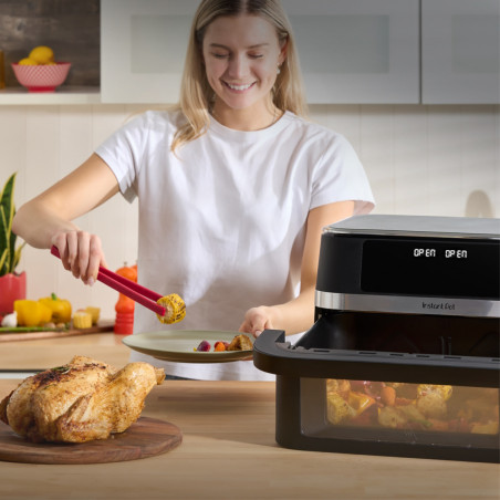 Friteuză dubla cu aer cald 8-în-1 Instant Pot Vortex VersaZone XL ClearCook 140-3025-01-EU, 2800 W, 12 l, 205 °C, EvenCrisp, Finalizare sincronizata a programelor, Comanda tactila, Negru/Inox