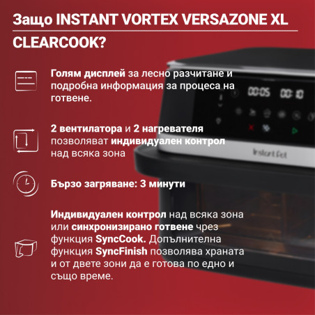 Friteuză dubla cu aer cald 8-în-1 Instant Pot Vortex VersaZone XL ClearCook 140-3025-01-EU, 2800 W, 12 l, 205 °C, EvenCrisp, Finalizare sincronizata a programelor, Comanda tactila, Negru/Inox