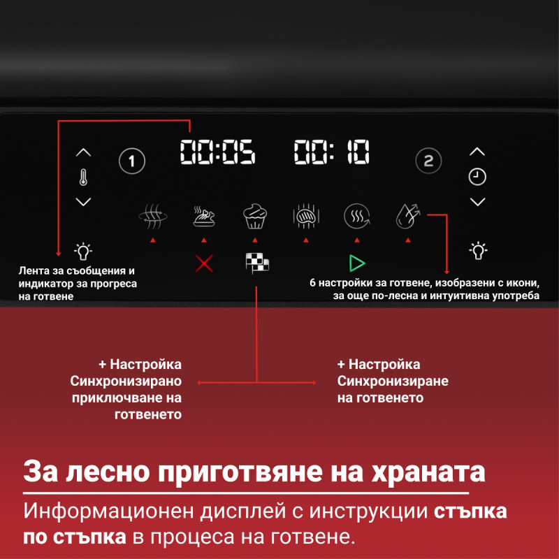 Friteuză dubla cu aer cald 8-în-1 Instant Pot Vortex VersaZone XL ClearCook 140-3025-01-EU, 2800 W, 12 l, 205 °C, EvenCrisp, Finalizare sincronizata a programelor, Comanda tactila, Negru/Inox