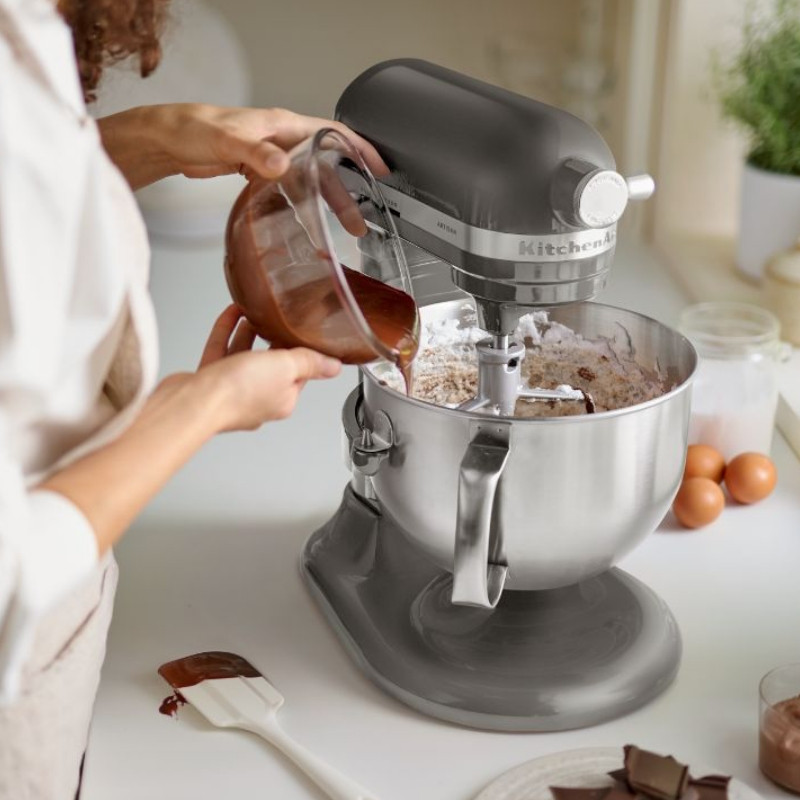 Mixer planetar KitchenAid Artisan 5KSM70SHXEMS Medallion silver, 375 W, 6,6 l, 11 viteze, 67 de puncte de contact, Ridicare bol, Viteză speciala „Fold”, Flex Edge, Gri metalizat
