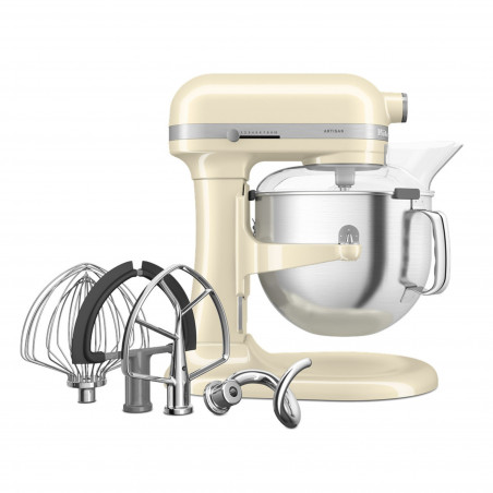 Mixer planetar KitchenAid Artisan 5KSM70SHXEAC Almond cream, 375 W, 6,6 l, 11 viteze, 67 de puncte de contact, Ridicare bol, Viteză speciala „Fold”, Flex Edge, Crem